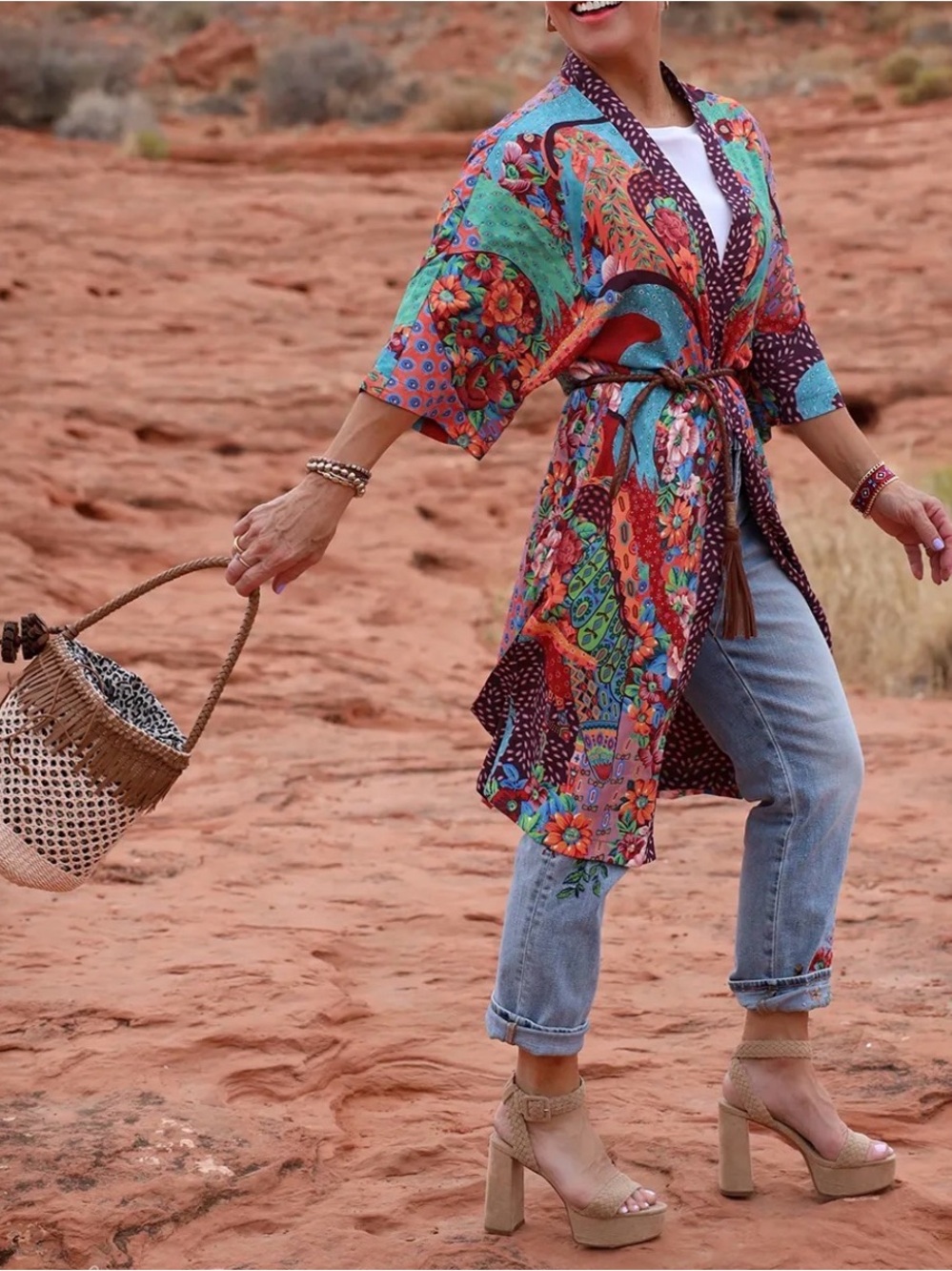 NBW Chico's Multicolor Floral Patchwork Open Front Kimono Jacket | L/XL